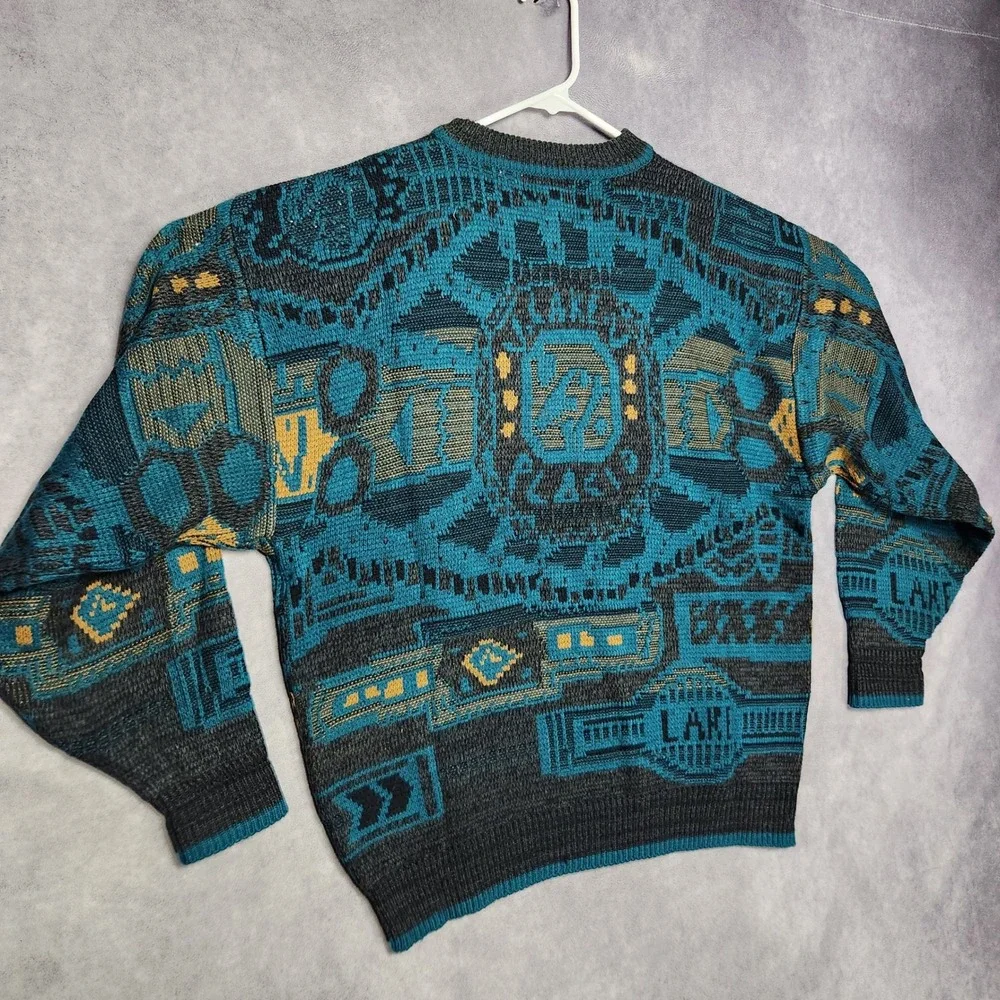 Saturdays Mens Vintage Teal Black Gold Geometric Pattern Knit Sweater size Large